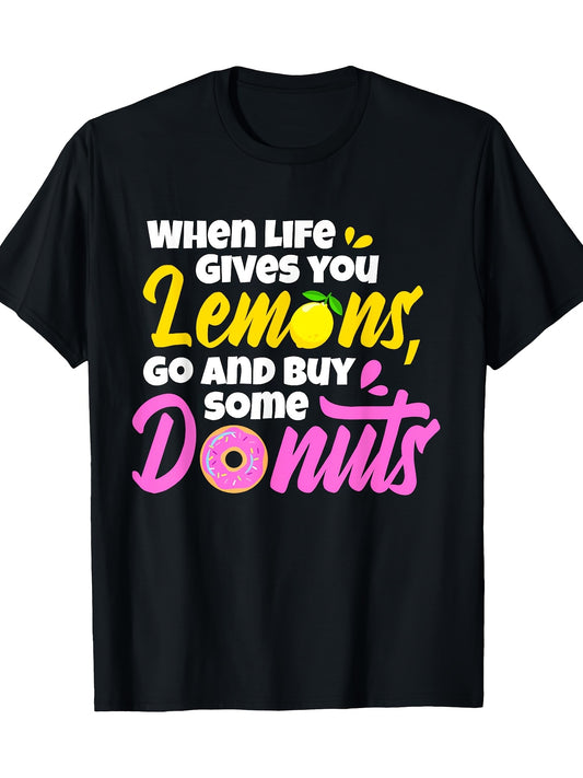 Women's Funny "When Life Gives You Lemons Go Buy Donuts" Graphic T-Shirt - 100% Cotton 180gsm Casual Short Sleeve Round Neck Tee with Vibrant Pink & Yellow Lettering, Machine Washable, Everyday Comfort, Playful Design, Durable Fabric
