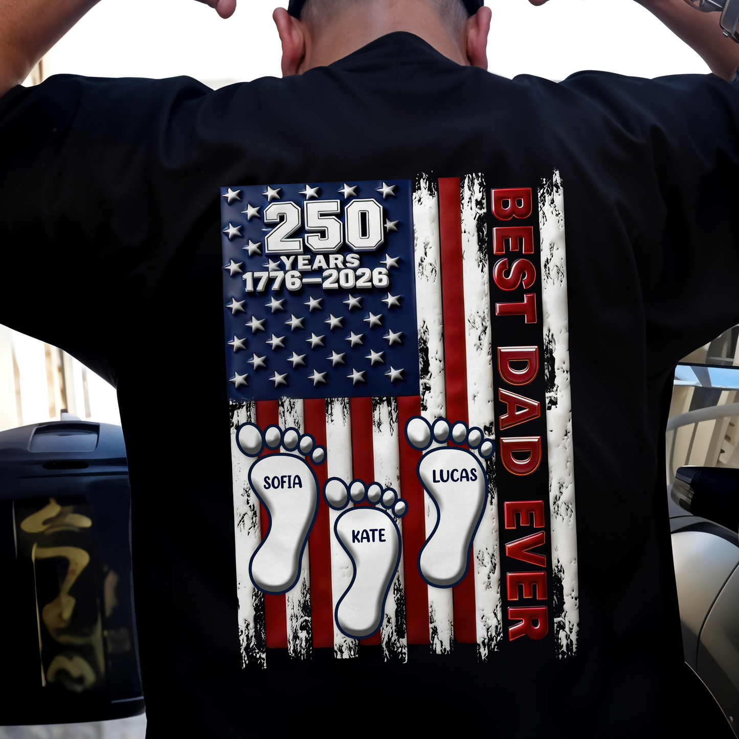 Best Dad Ever USA 250 Years Back Shirt, Custom Footprint Kids Names T-Shirt For Dad CH07 910994