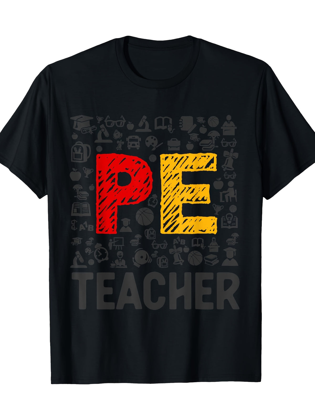 Men's PE Teacher T-Shirt - 100% Cotton, Casual Crew Neck, Short Sleeve with Bold "PE" Graphic and Sporty Symbols Print, Ideal for Physical Education Teachers, Teacher Gift