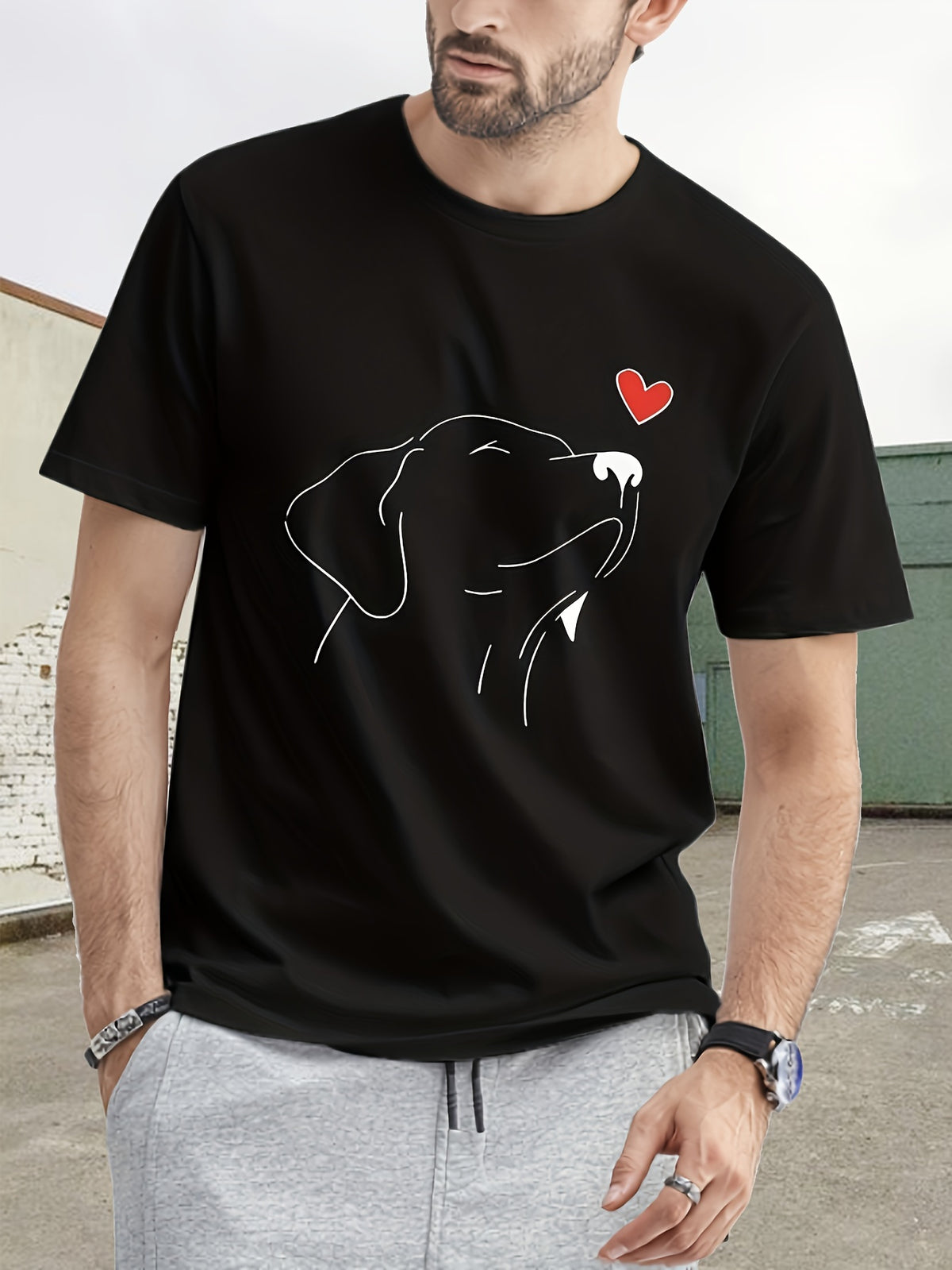 Men's Dog Print T-shirt, Casual Cotton Crew Neck Short Sleeve Tee