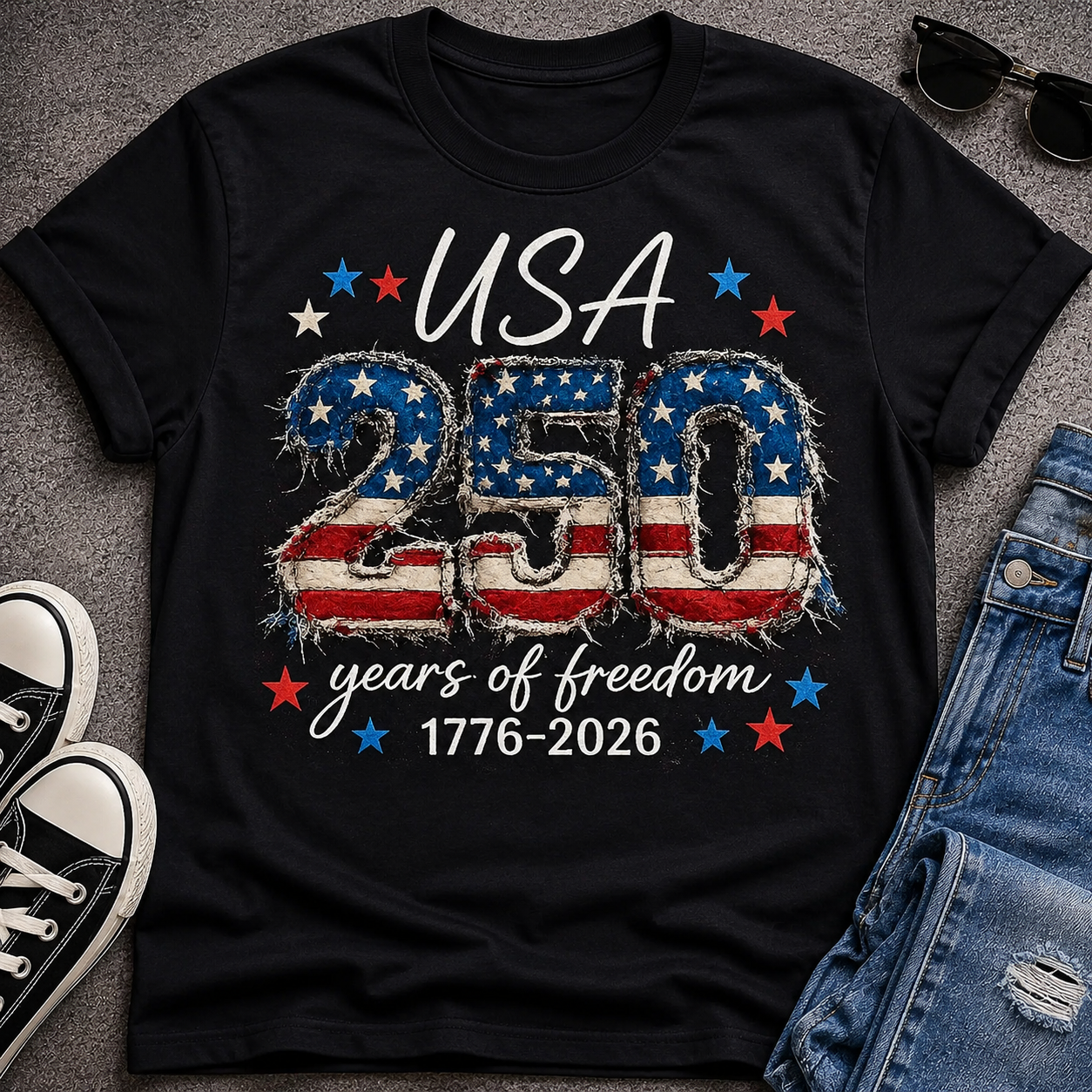 4th of July, 250th Anniversary Faux Patchwork, Independence Day Shirt TH10 170117
