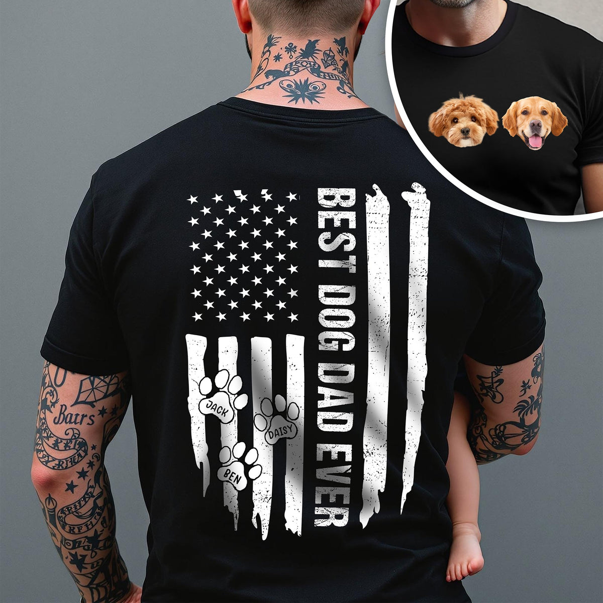 Custom Photo Best Dog Dad Ever Back & Front Dark Shirt Gift For Dad TH10 169585