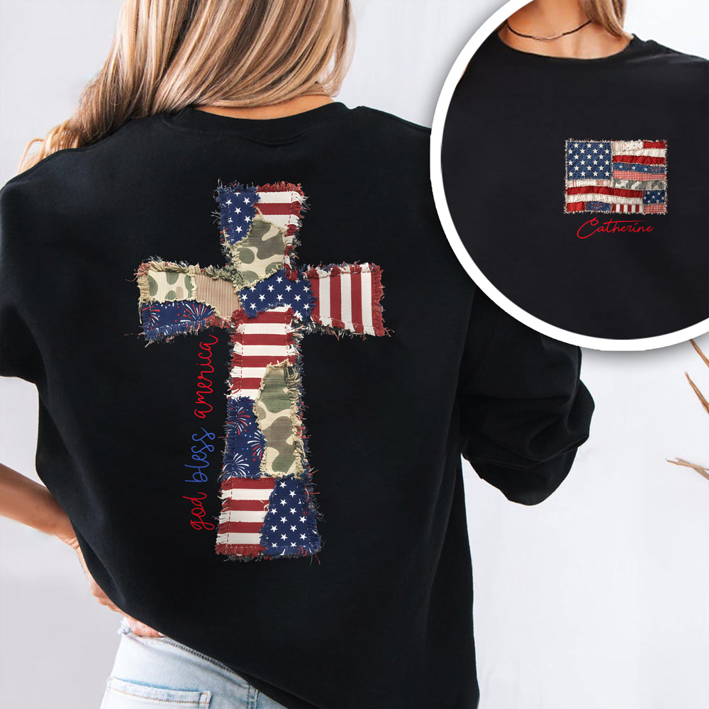 Custom Name God Bless America Patchwork USA Flag Back & Front Dark Shirt HO82 902202