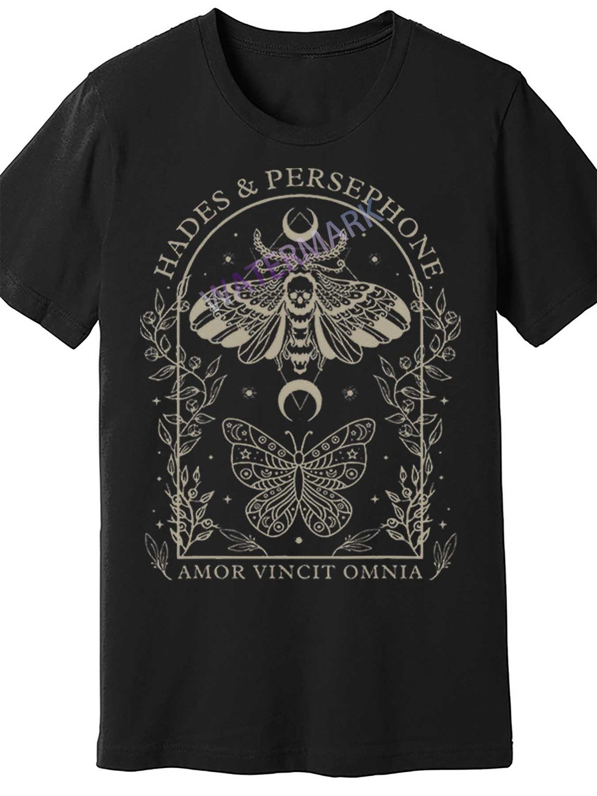 Men's Black Cotton Short Sleeve T-Shirt - Hades & Persephone Mythology Moth & Butterfly Design, Casual Crew Neck Tee, Machine Washable, 180g/㎡, All-Season Comfort Fit
