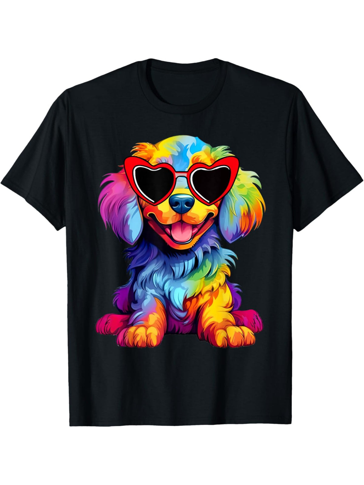 Men's Rainbow Puppy Love T-Shirt - Casual Black Cotton Tee with Colorful Glasses-Wearing Dog, Comfortable Short-Sleeve Top for Casual Attire & Gifts