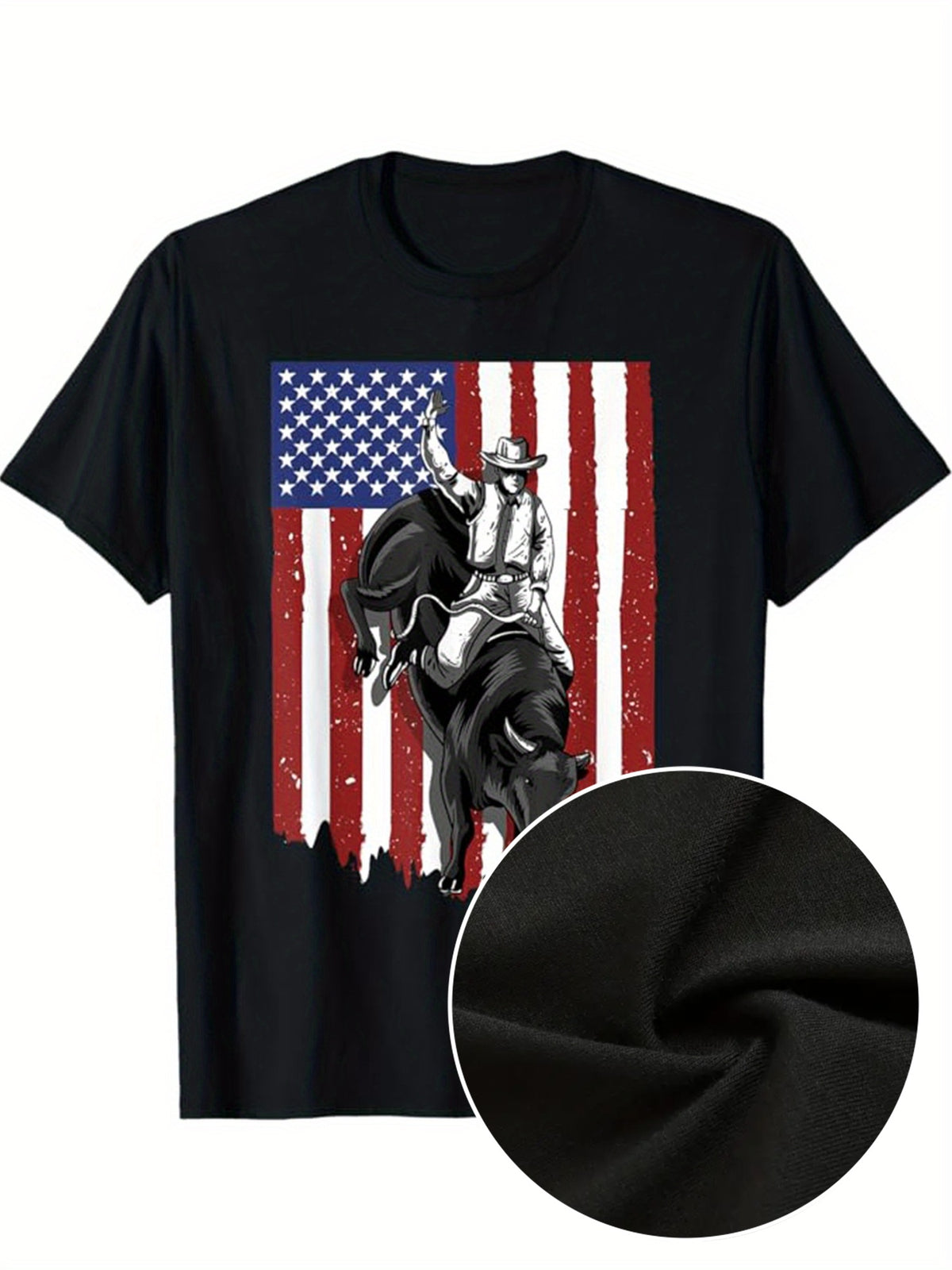 Men's Western Cowboy Print Cotton T-Shirt - Casual Short Sleeve Crew Neck, American Flag & Horseback Design, Machine Washable, All-Season Wear
