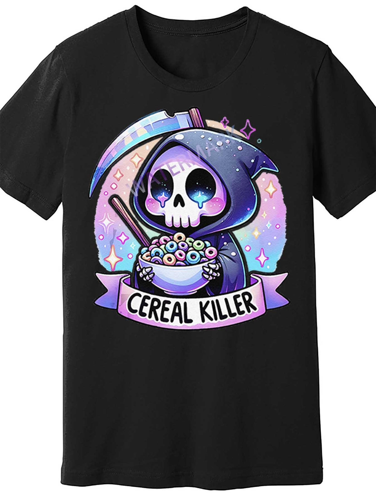 Men's "Cereal Killer" Graphic T-Shirt - Funny Skeleton Breakfast Design, Black Cotton Short Sleeve Tee, Casual Round Neck, Machine Washable, 180g/㎡, Perfect Gift for Men, Casual Wear | Edgy Cereal Shirt | Cotton Fabric