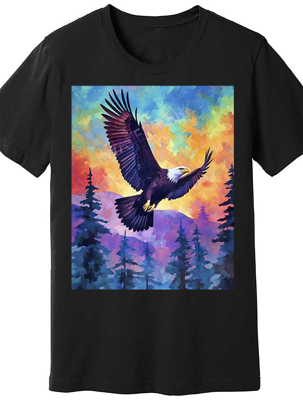 Men's Cotton T-Shirt | Majestic Eagle Silhouette Graphic | Vibrant Multi-Color Nature Scene Print | Round Neck, Short Sleeve | All-Season Comfort | Machine Washable | Casual Style, Casual Wear | Eagle Motif Apparel | Knit Fabric