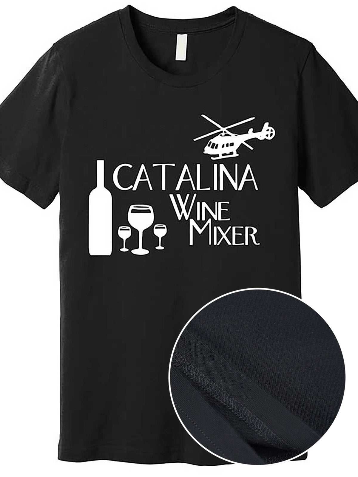 Catalina Wine Mixer" Men's Black T-Shirt - Step Brothers Inspired, Funny Short Sleeve Graphic Tee with Helicopter & Wine Glass Design, 100% Cotton, Machine Washable