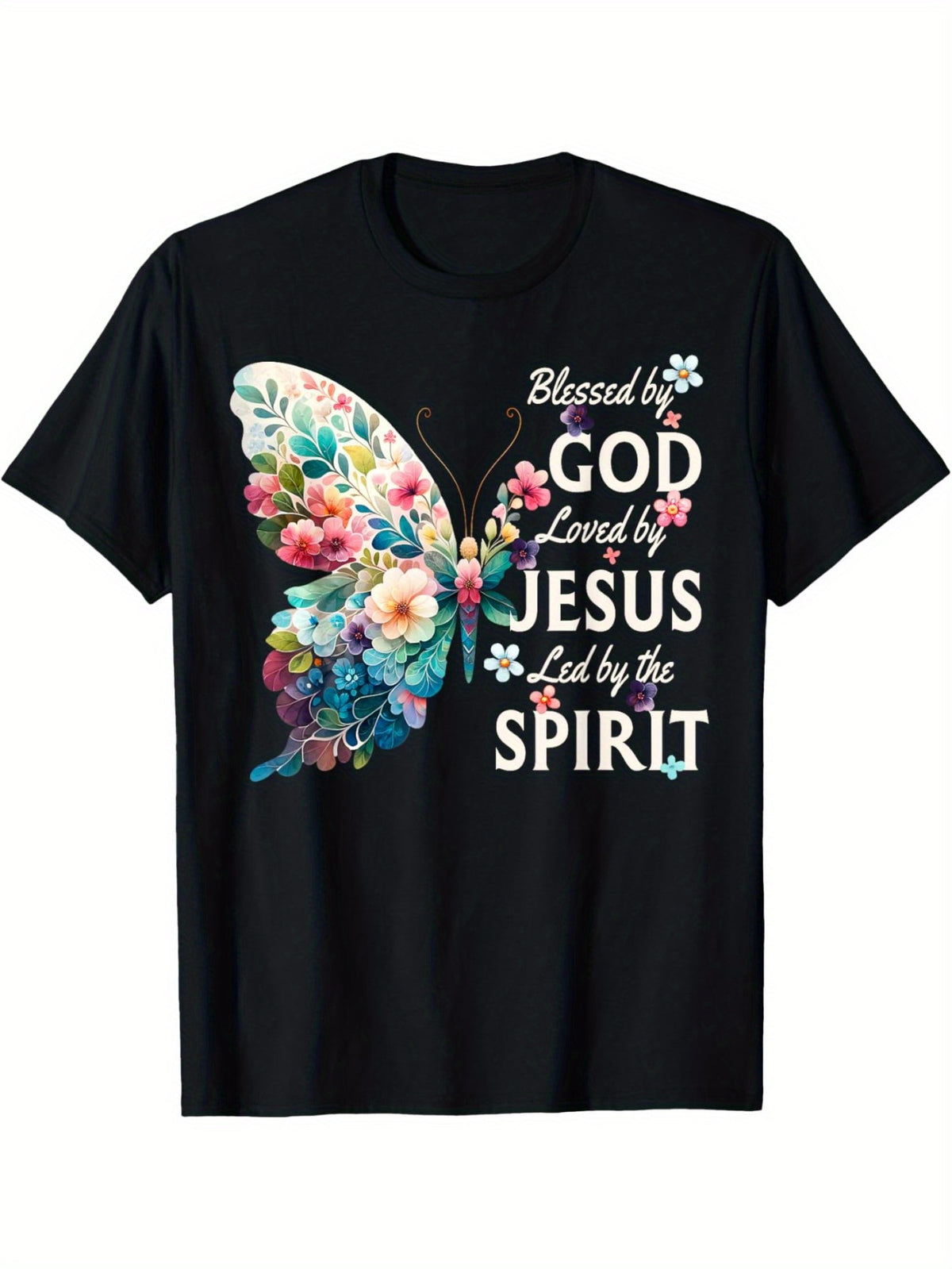 Blessed by God, Loved by Jesus" Men's T-Shirt - Casual Cotton Tee with Floral & Butterfly Print, Round Neck, Machine Washable - Perfect for All Seasons