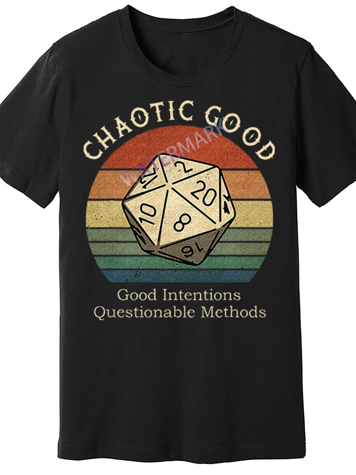 Men's Vintage "Chaotic Good" Graphic T-Shirt - Short Sleeve, Black, 100% Cotton, Casual & Humorous Design with Dice Illustration, Perfect for Casual Attire
