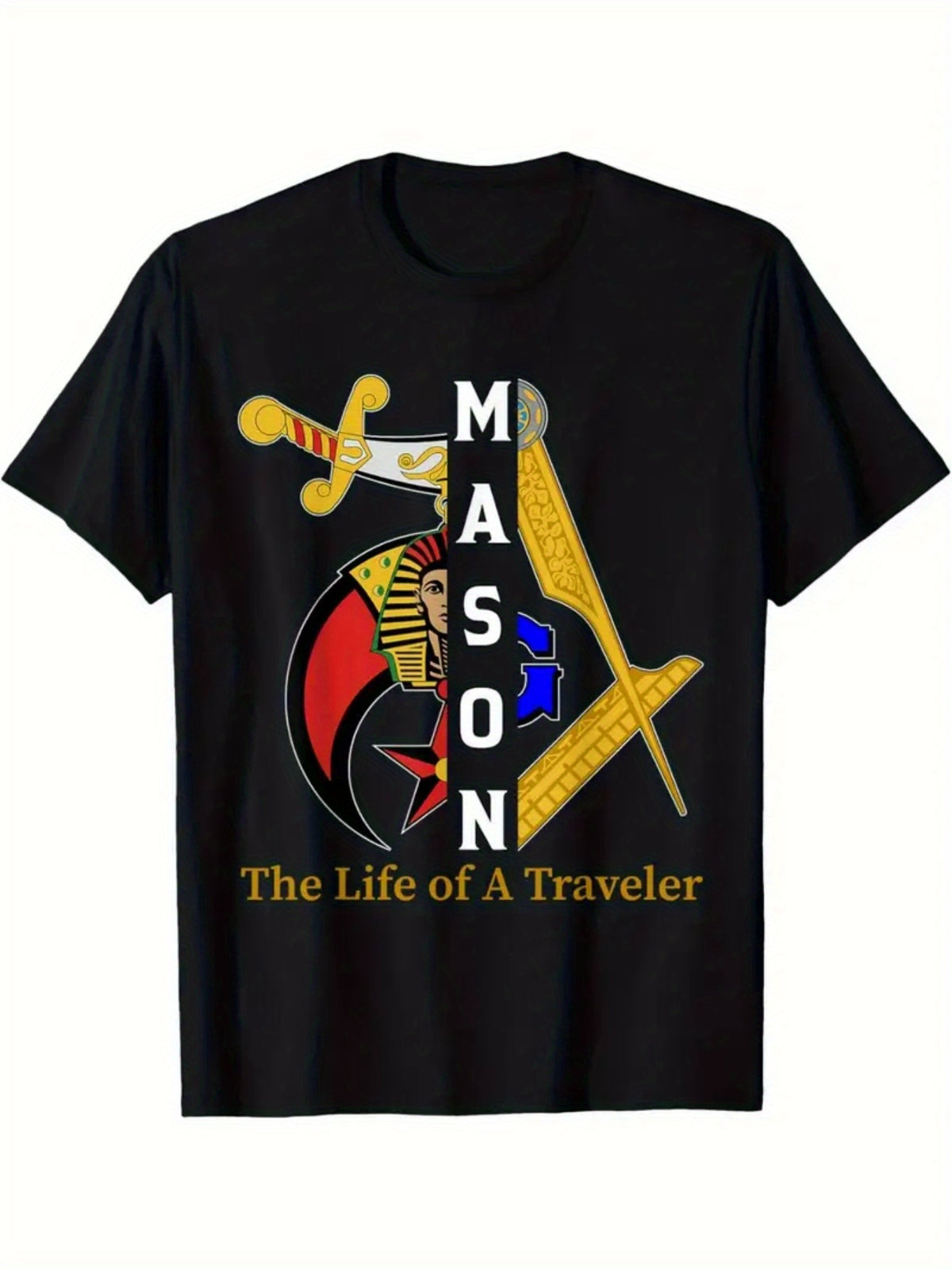 Men's Masonic Traveler Graphic T-Shirt - Soft Cotton, Round Neck, Comfortable Fit, Slightly Elastic Knit, Casual & Sporty, Non-Transparent, Machine Washable, Black with Golden Lettering & Freemason Emblems, PLUS SIZE