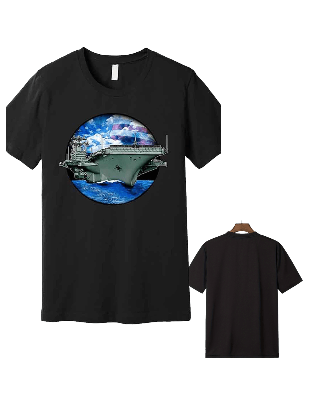 [Everyday Comfort] Men’s Aircraft Carrier Graphic T-Shirt - Black Cotton Short Sleeve Crewneck with 3D Printed Design, Casual & Comfortable for Casual Attire, Everyday Tshirt | Crewneck Shirt