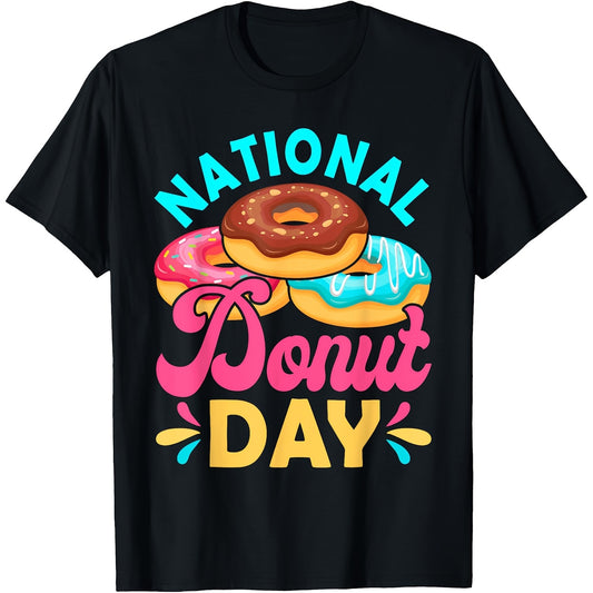 National Donut Day Celebration T-Shirt - Cute Cartoon Design, Soft Cotton, Short Sleeve, Regular Fit for Men & Women