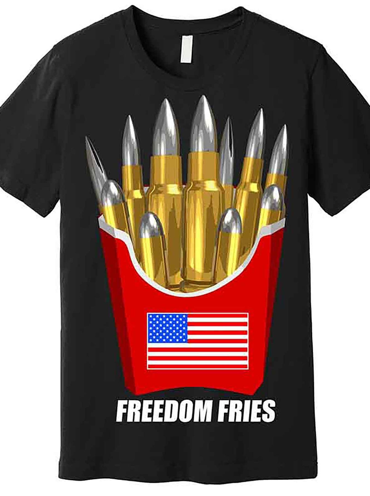 Freedom Fries Graphic Men’s T-Shirt - Black, Funny Short Sleeve Crewneck with Bullet & Flag Design, 100% Cotton, Casual Patriotic Theme, Machine Washable, Humorous Apparel | Bold Print Shirt |