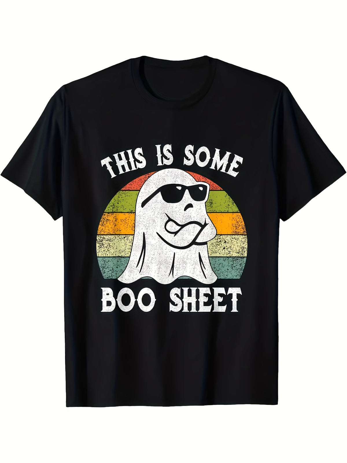 Plus Size Printed Men's Casual Crew-neck Loose and Breathable BOO SHEET T-shirt for Everyday Activities and Halloween Gifts