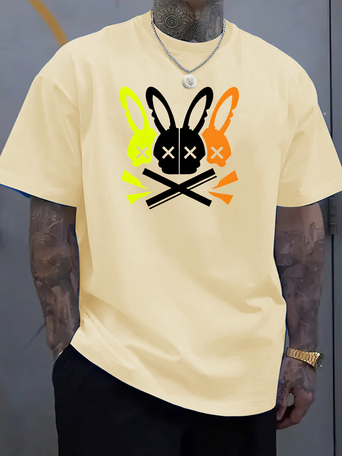 Unique Rabbit Skull Design Crew Neck Tee - Soft, Breathable Polyester, Machine Washable, Quick Drying, Perfect for Summer Outdoor Activities, Casual Daily Wear, and Rabbit Lovers