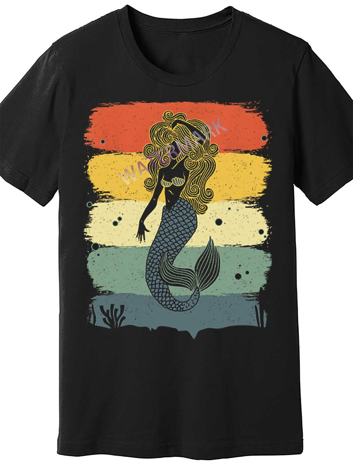 Men's Black Cotton Short Sleeve T-Shirt with Whimsical Mermaid Design – Casual, Breathable, and Machine Washable for All Seasons