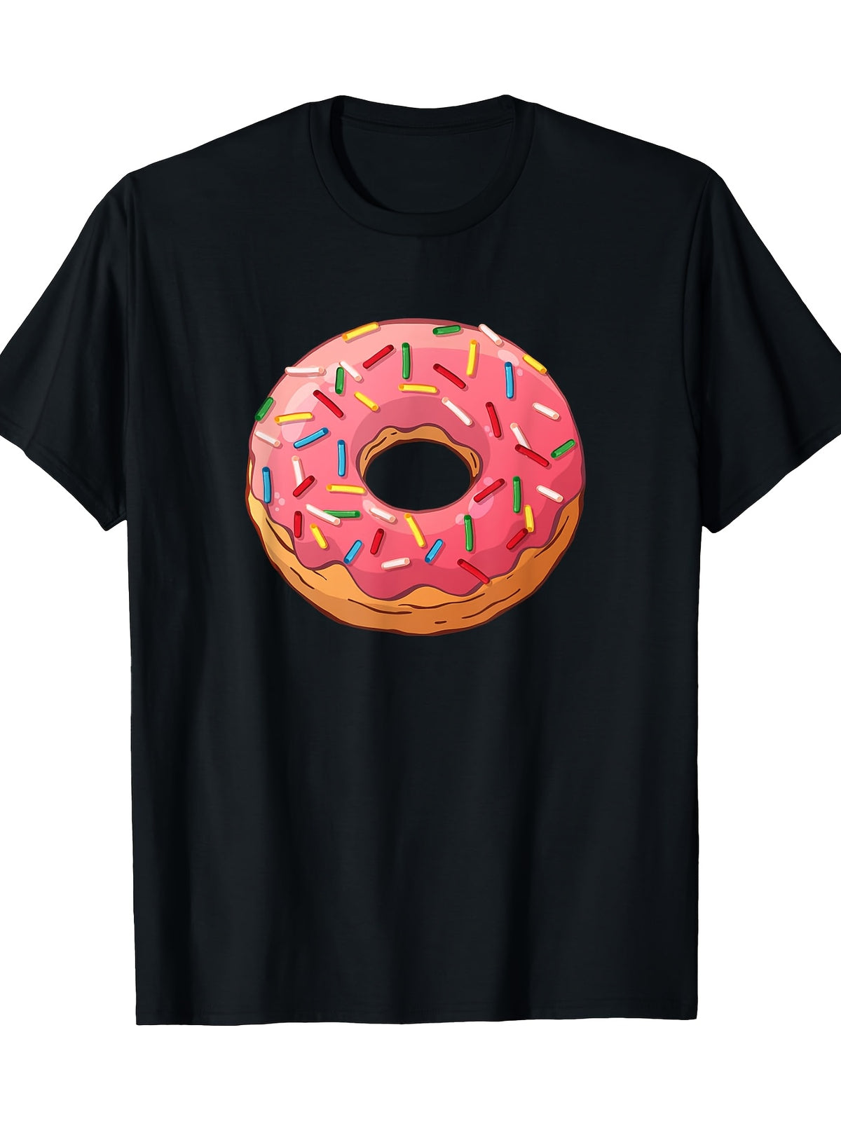 Black Donut Lovers Graphic T-Shirt with Colorful Sprinkle Design - 100% Cotton 180g Casual Short Sleeve Round Neck Tee for Foodies & Casual Attire, Donut Shirts, Foodie Apparel, Playful Fashion, Durable Fabric