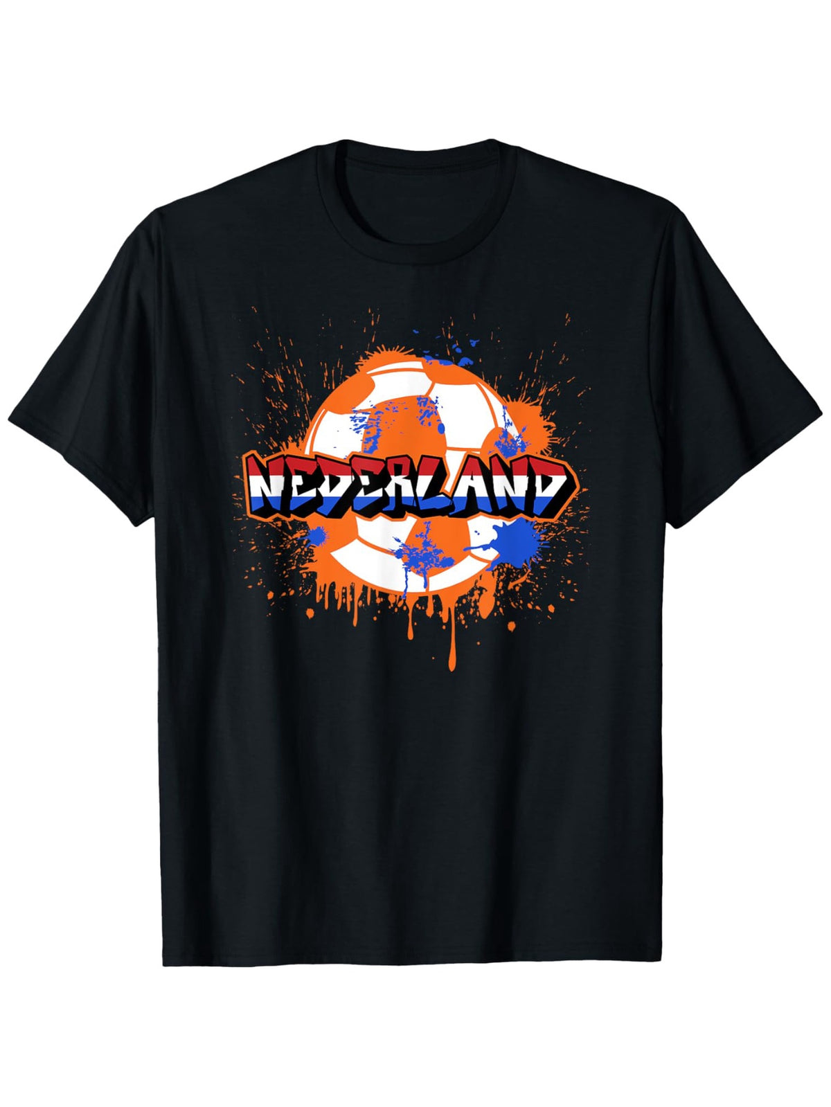 Home Relaxation| Men's Netherlands Soccer Splatter Art T-Shirt - 100% Cotton, Lightweight & Breathable, Crew Neck, Short Sleeve - Ideal for Sports, Casual & Team Wear - Black with Dutch Flag & Football Design