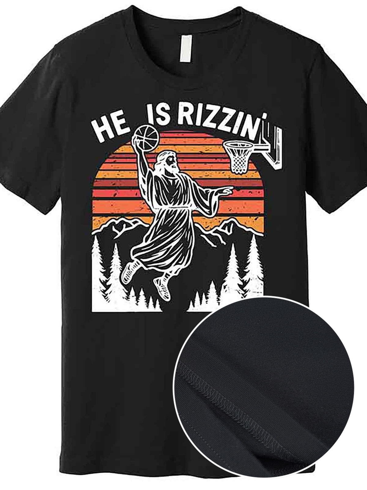 Men’s "He Is Rizzin'" Basketball Graphic T-Shirt - Funny Easter Jesus Design, Black Short Sleeve Cotton Tee, Casual & Comfortable Fit, Machine Washable, VLANMON