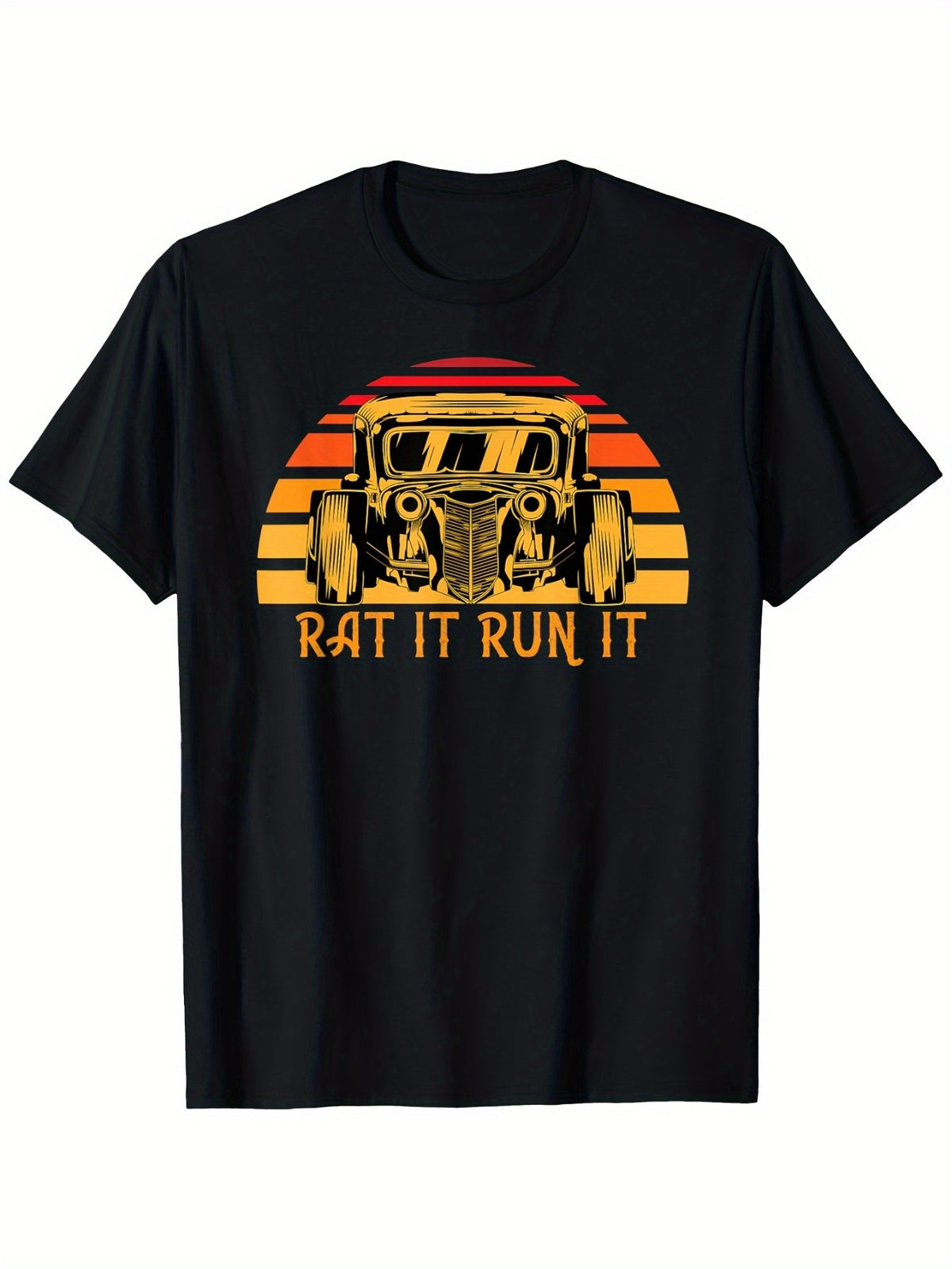 Vintage Sunset "Rat It Run It" Pattern T-Shirt, Suitable for Rat Rod Enthusiasts in Black, Retro Car Design, Suitable for Casual Wear All Year Round, Round Neck, Breathable, Comfortable Summer Outdoor Sports T-Shirt