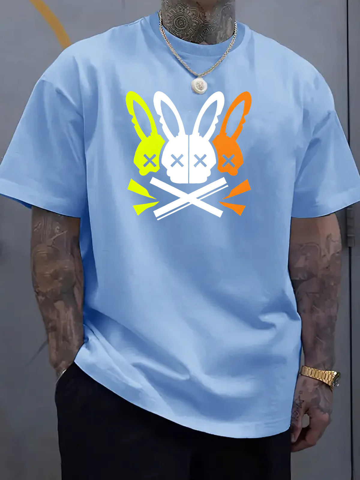 Unique Rabbit Skull Design Crew Neck Tee - Soft, Breathable Polyester, Machine Washable, Quick Drying, Perfect for Summer Outdoor Activities, Casual Daily Wear, and Rabbit Lovers
