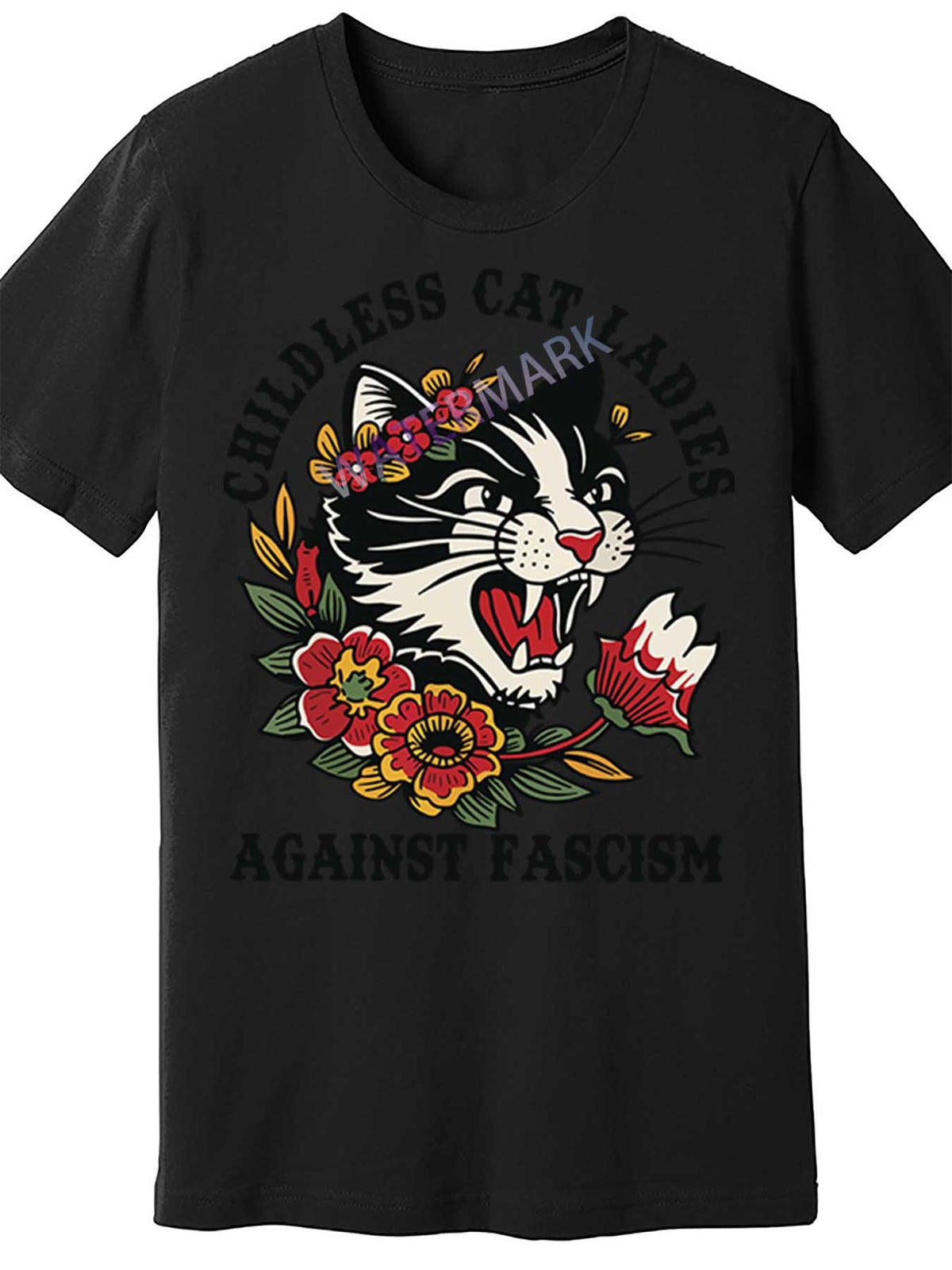 Men's Black Cotton Short Sleeve T-Shirt - "Childless Cat Ladies Against Fascism" Graphic, Casual & Comfortable, 180g/㎡, Round Neck, Machine Washable, Cat Tshirt
