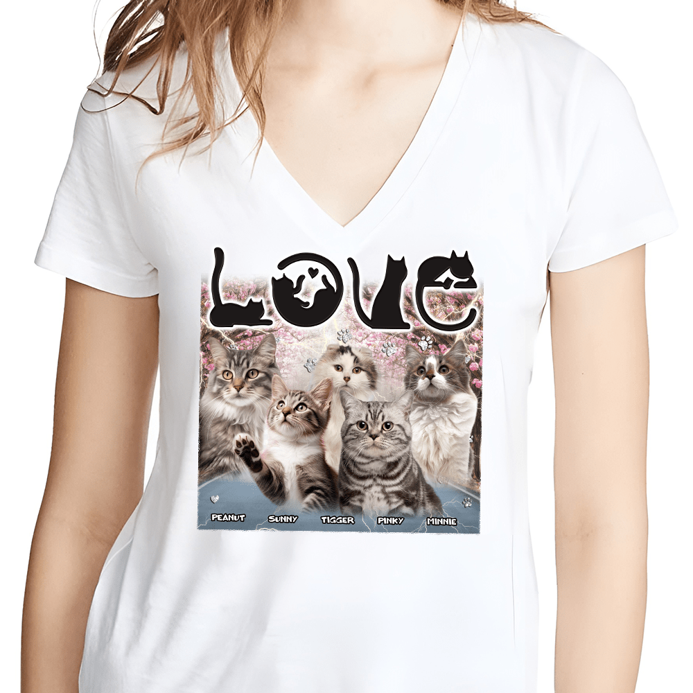 GeckoCustom Custom Photo Love Cats Vintage Bootleg Bright Shirt N304 890140 Women V-neck / V White / S