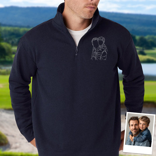 Custom Dad And Kids Portrait Photo Drawing Style Family Embroidered Quarter Zip Sweatshirt, Gifts for Dad, Birthday, Father's Day HO82 900772
